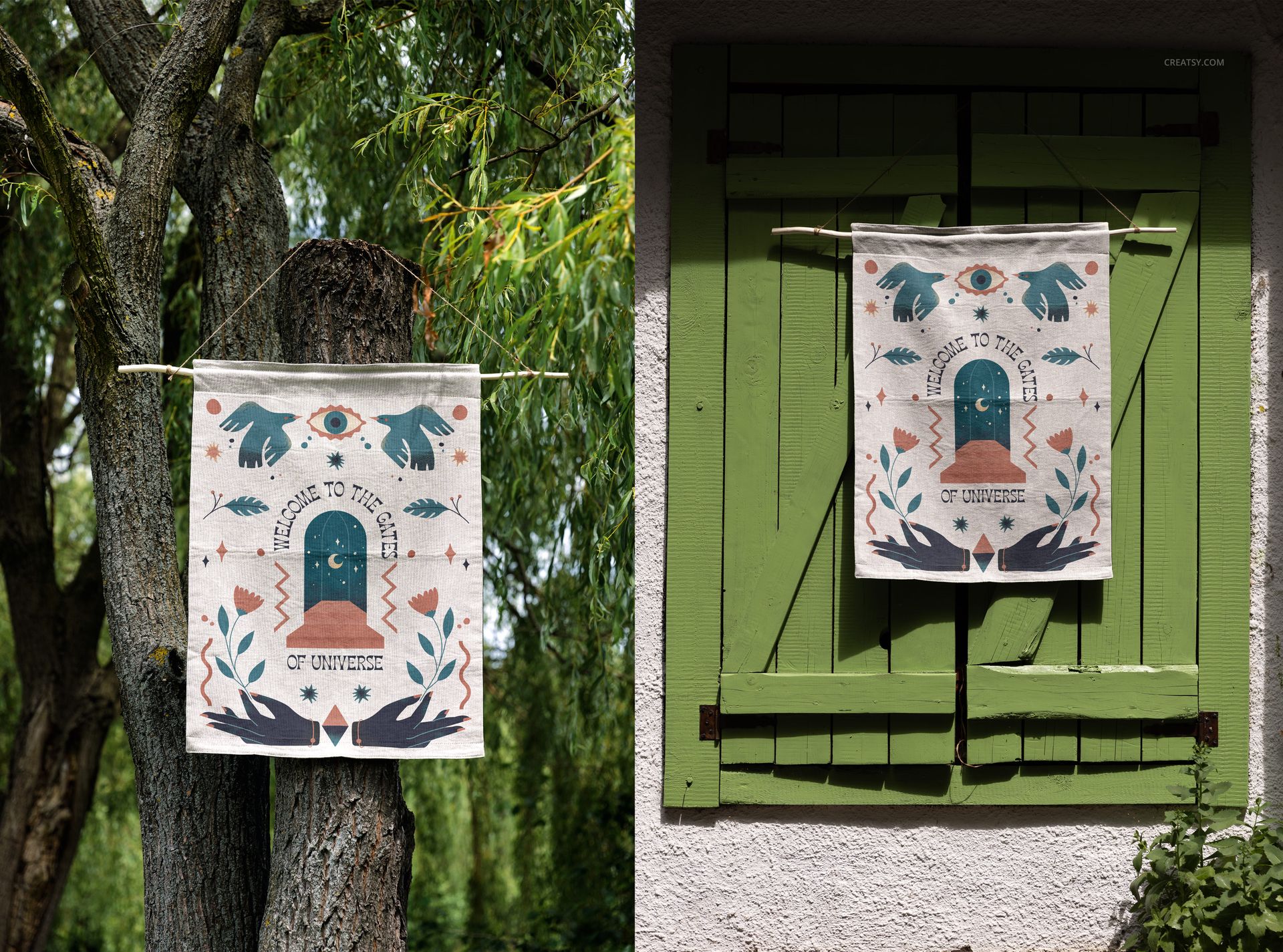 26x36 woven tapestry mockup featuring a colorful pattern, displayed on a tree and rustic green window shutters.