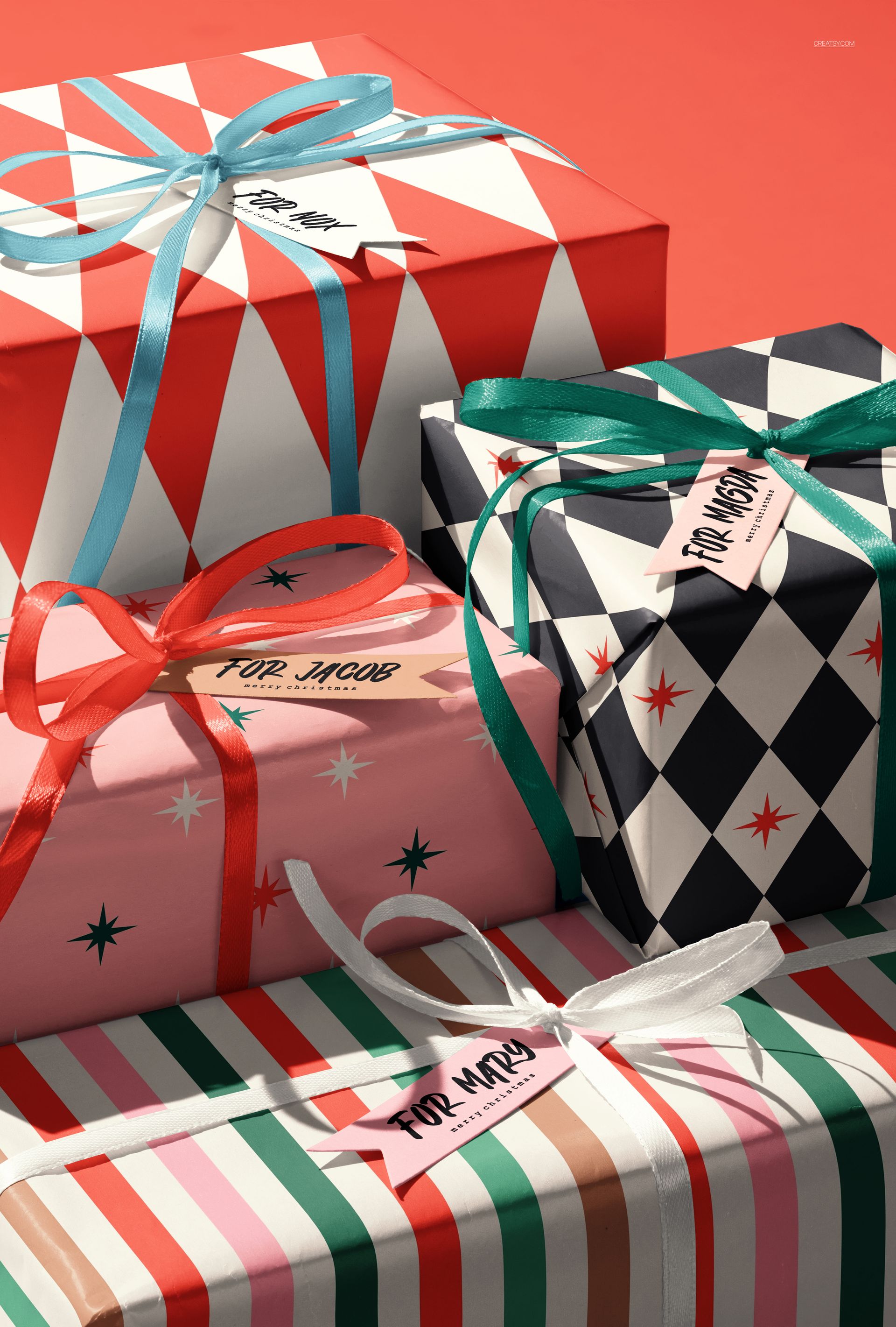 Four Christmas gift boxes with colorful wrapping paper and ribbons, viewed from above against a red background.