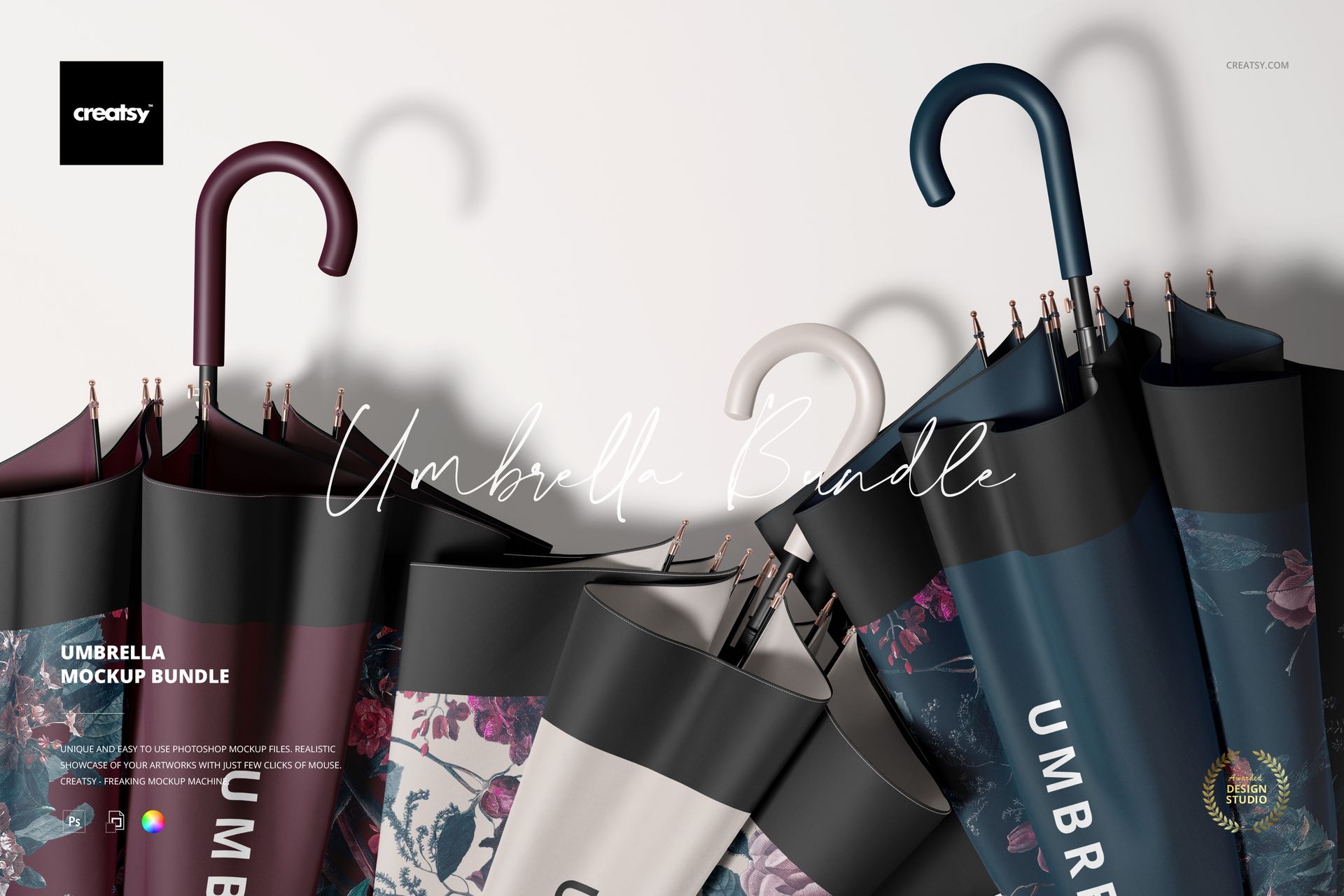 Umbrella mockup bundle showing various patterns and colors, grouped together on a light background, angled view.