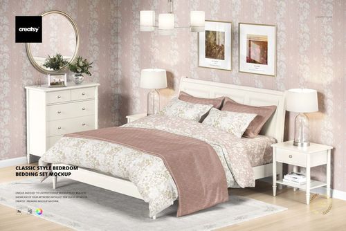 Classic style bedroom with a bedding set featuring soft pink and cream floral patterns, front view mockup scene.
