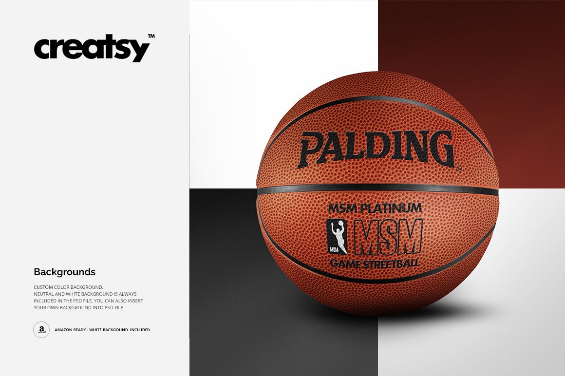 Front view of a basketball ball mockup featuring realistic texture and logo, placed on a four-color background.