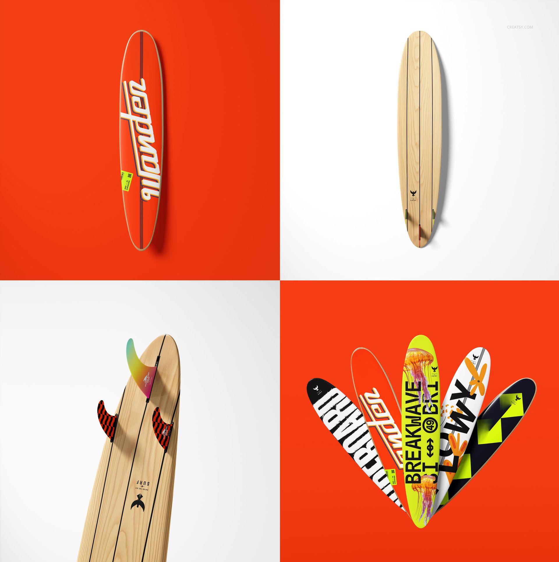 Mockup of surfboard longboards with bold graphics and natural wood finishes, arranged in a grid with contrasting backgrounds.