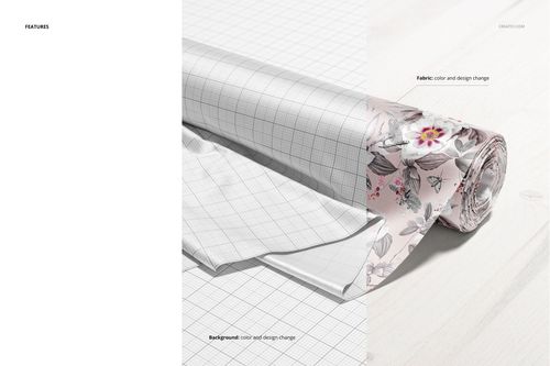 Satin fabric roll mockup shown from a side angle, half with grid pattern and half with floral design on a light surface.