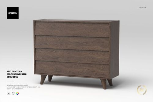 Mid-century modern dresser with four drawers, dark wood finish, front view on a light gray background.