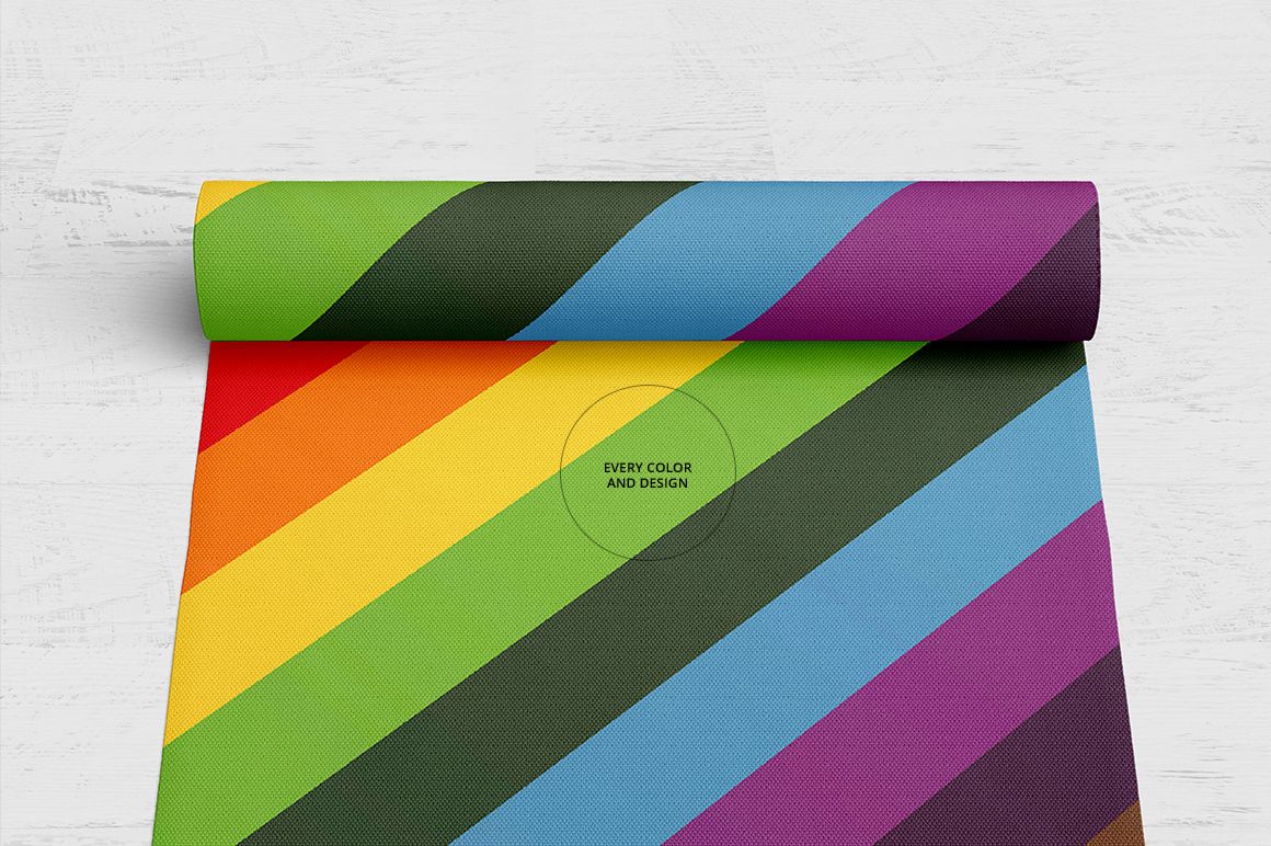 Colorful woven rug mockup featuring bold diagonal stripes in green, yellow, orange, blue, and purple on a white floor.