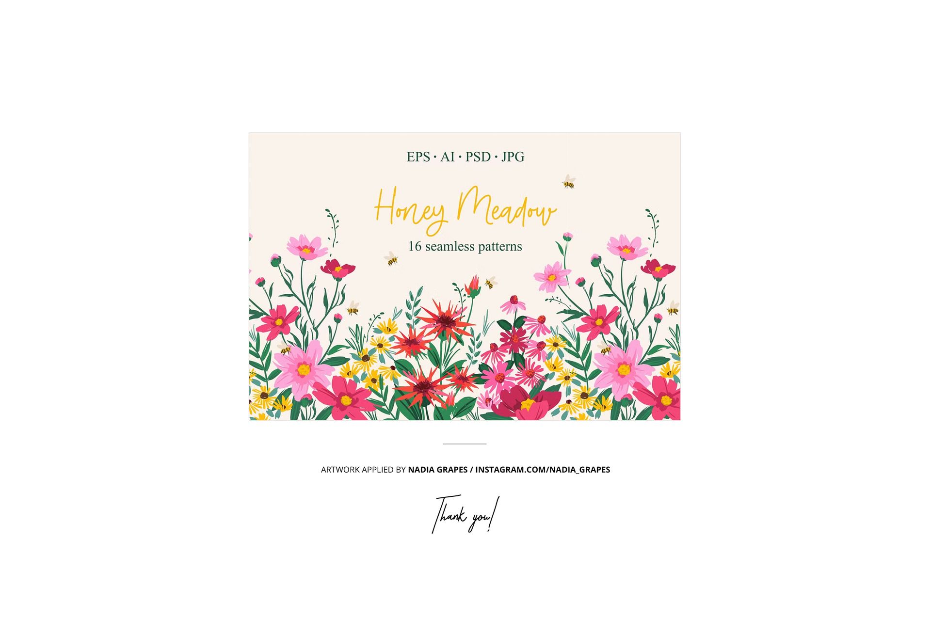 Front view of a Jersey fabrics and ribbons composition mockup featuring colorful floral patterns and bees on a light background.