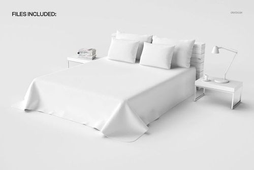 Plain bed coverlet mockup shown in a perspective view with white bedding, pillows, and two bedside tables.