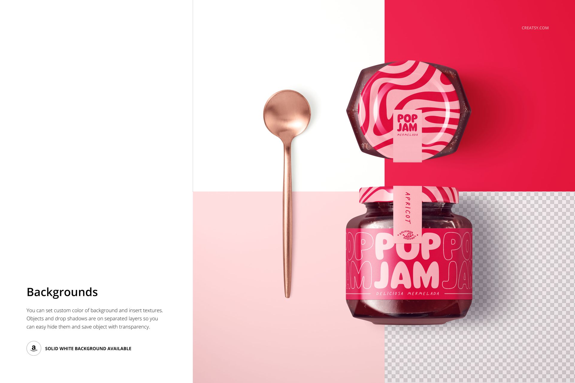 Cherry jam jar mockup with a vibrant pink label design, shown alongside a rose gold spoon on a split background.