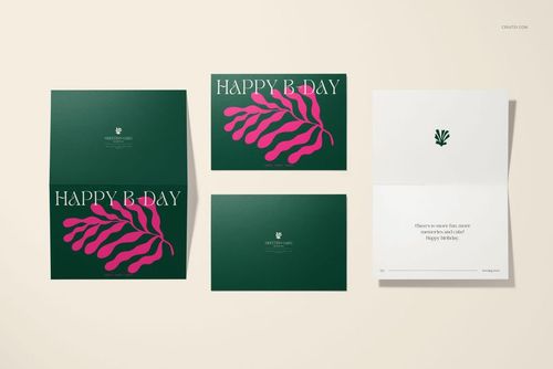Greeting card mockup set featuring green cards with bold pink leaf design, shown from top and open views on a light background.