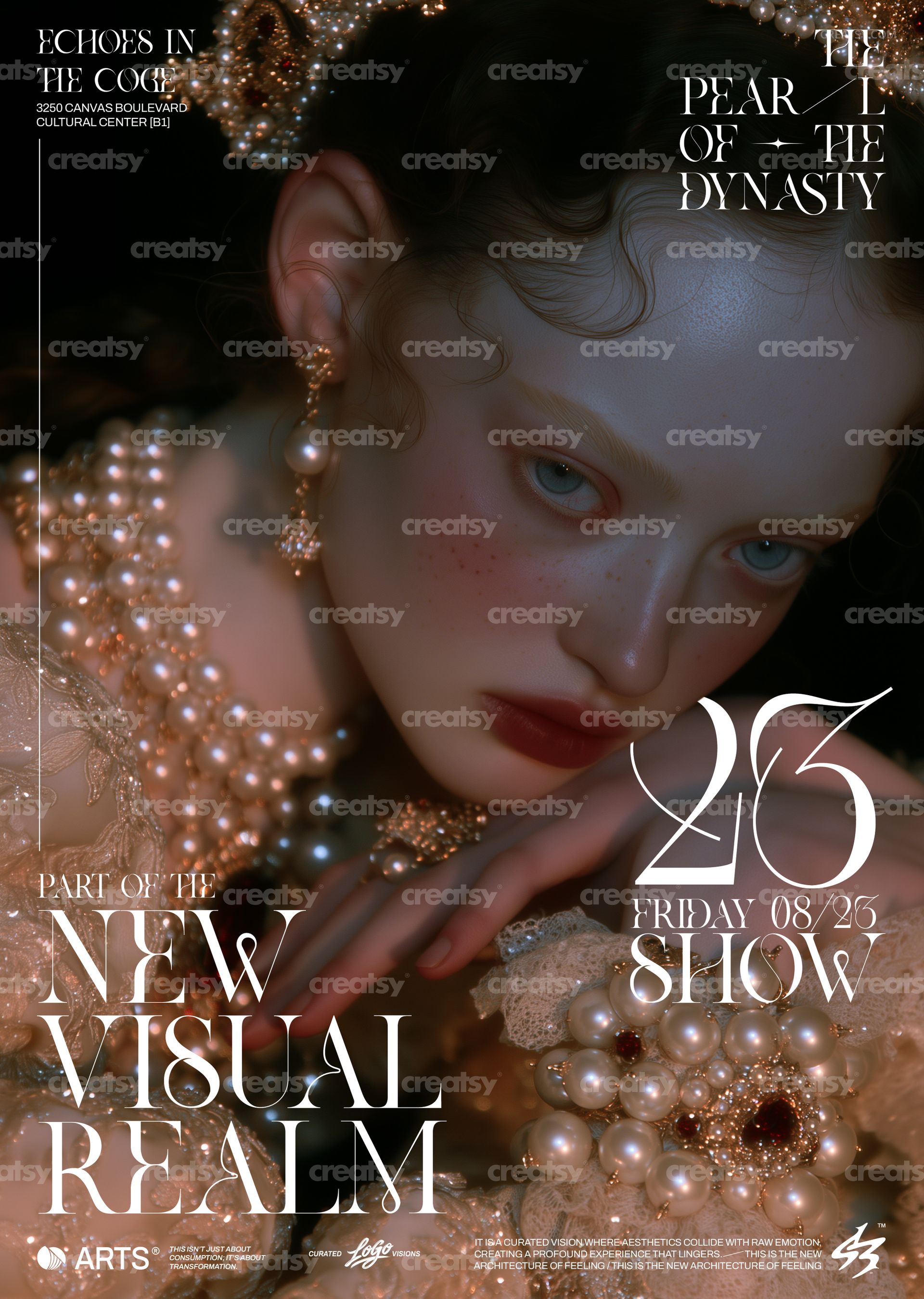 Front view of a poster mockup showing a woman with pearl jewelry, artistic lighting, and stylized typography.