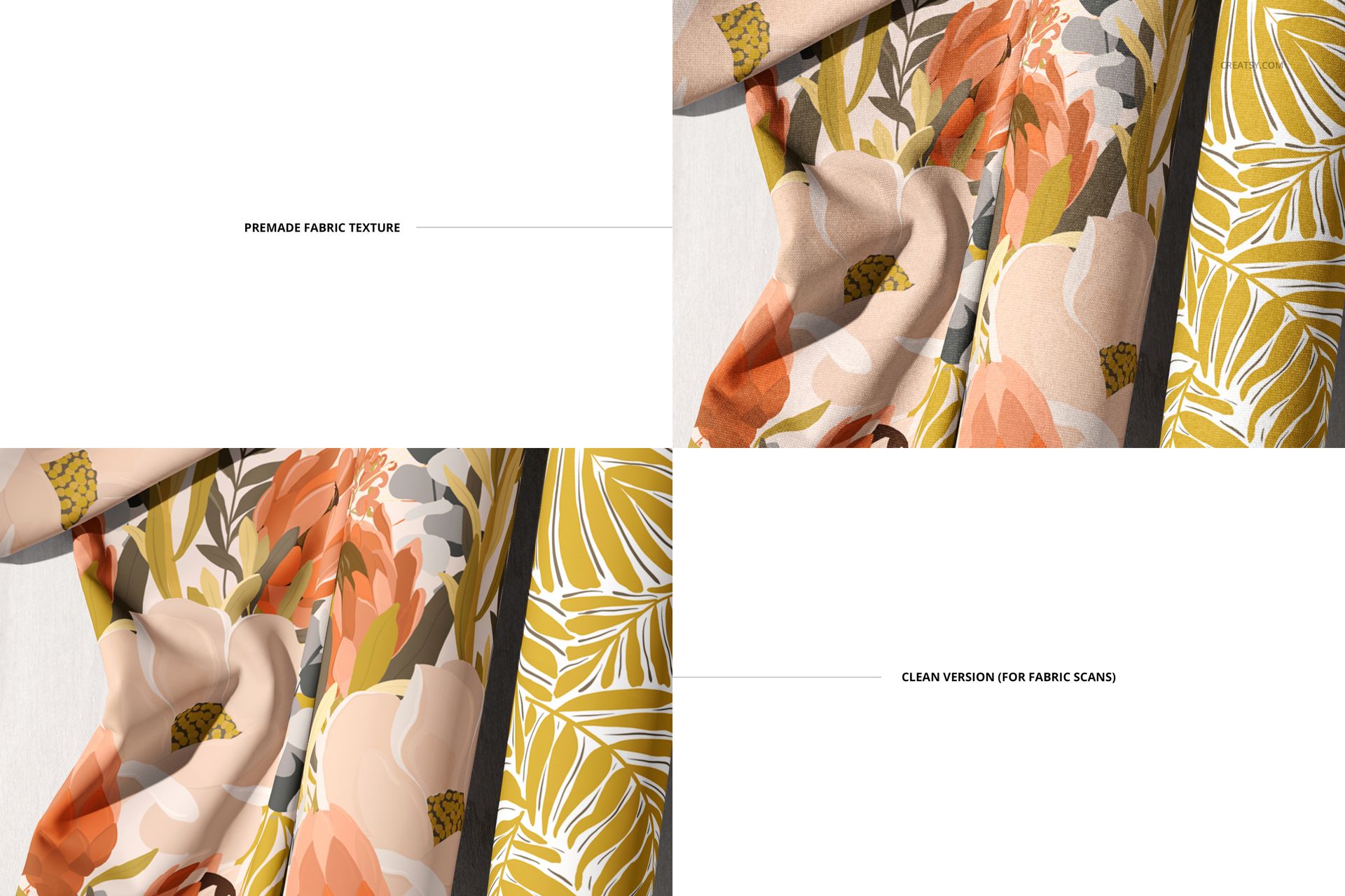 Fabric rolls mockup featuring large botanical designs in orange, yellow, and cream, viewed from a top perspective.