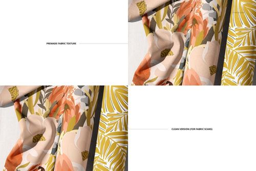 Fabric rolls mockup featuring large botanical designs in orange, yellow, and cream, viewed from a top perspective.