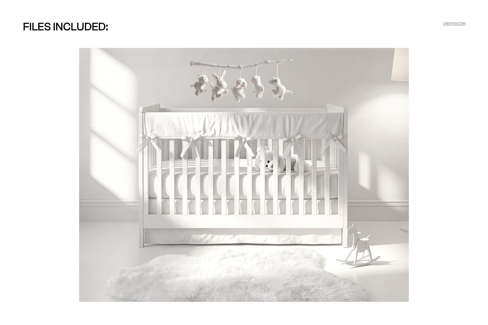PSD mockup featuring a nursery room with a white crib, coordinated skirt and rail cover, plush rug, and mobile.