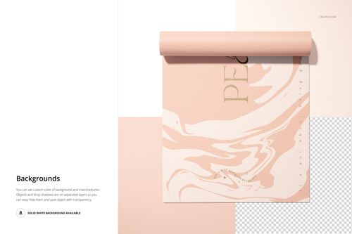 Rolled yoga mat mockup with a soft pink marbled design, displayed from a top view on a white and transparent background.