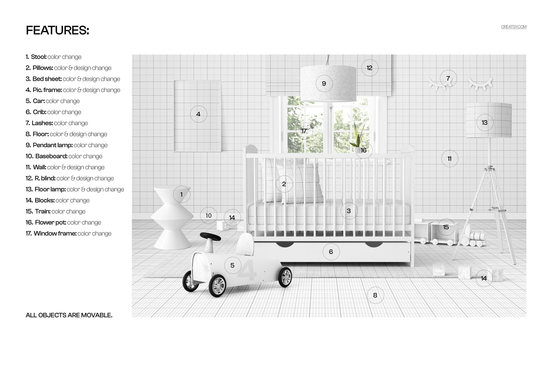 Nursery scene featuring a baby crib with storage drawer, white walls, and geometric decor elements in a PSD mockup.
