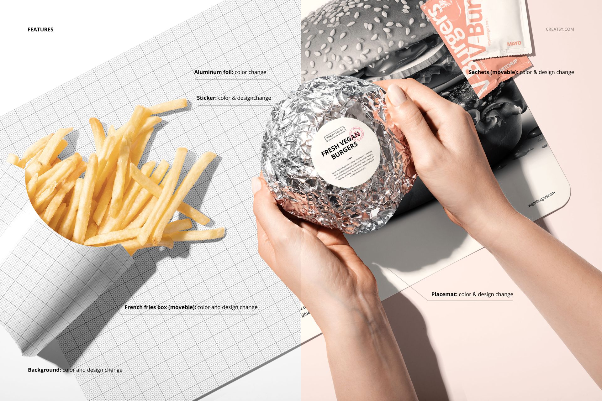 Top view of a fast food placemat mockup with a wrapped burger in foil and a container of French fries on a grid background.