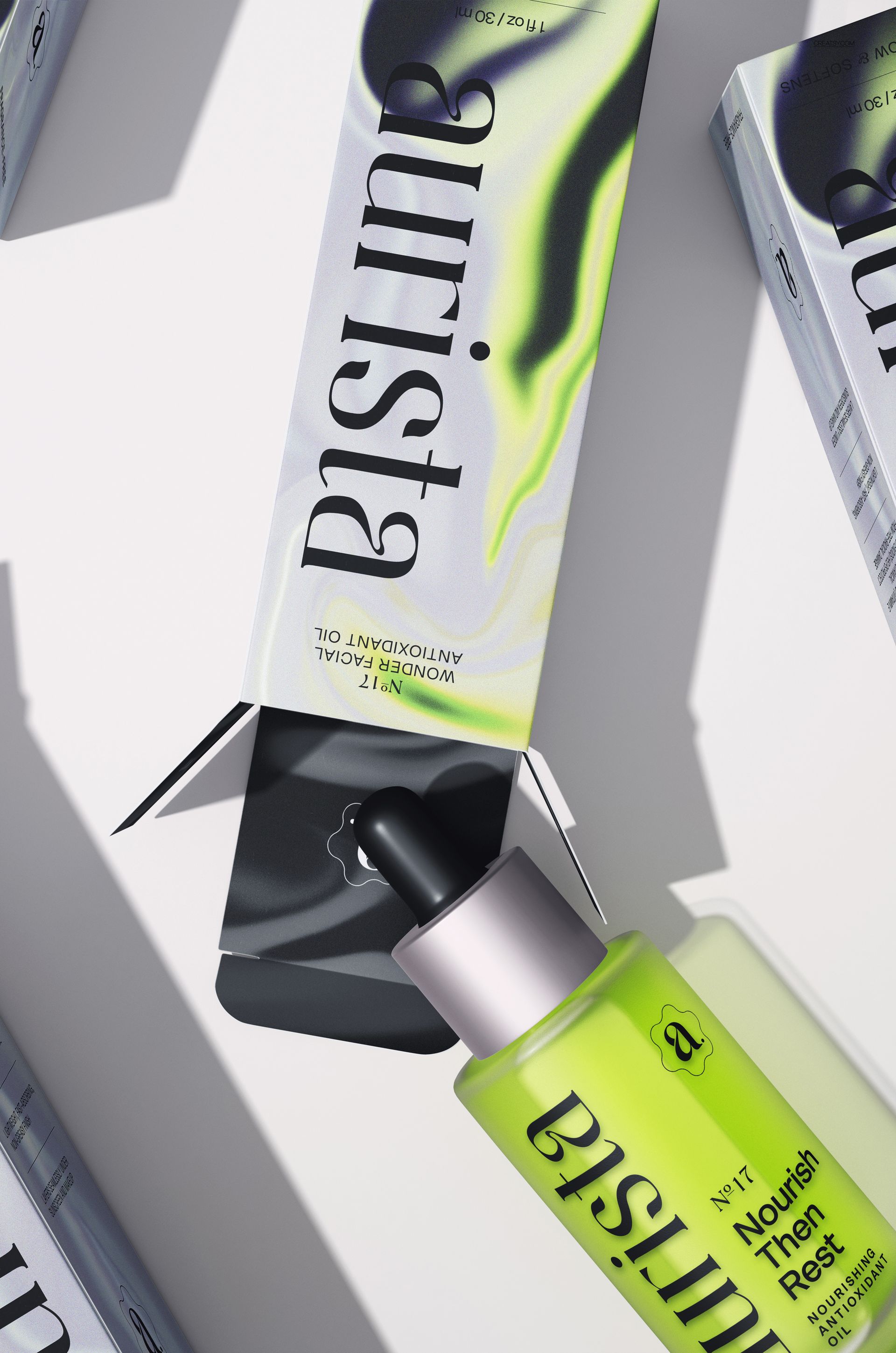 Front view of a dropper bottle and packaging with green and black gradient design, shown in a cosmetics mockup scene.