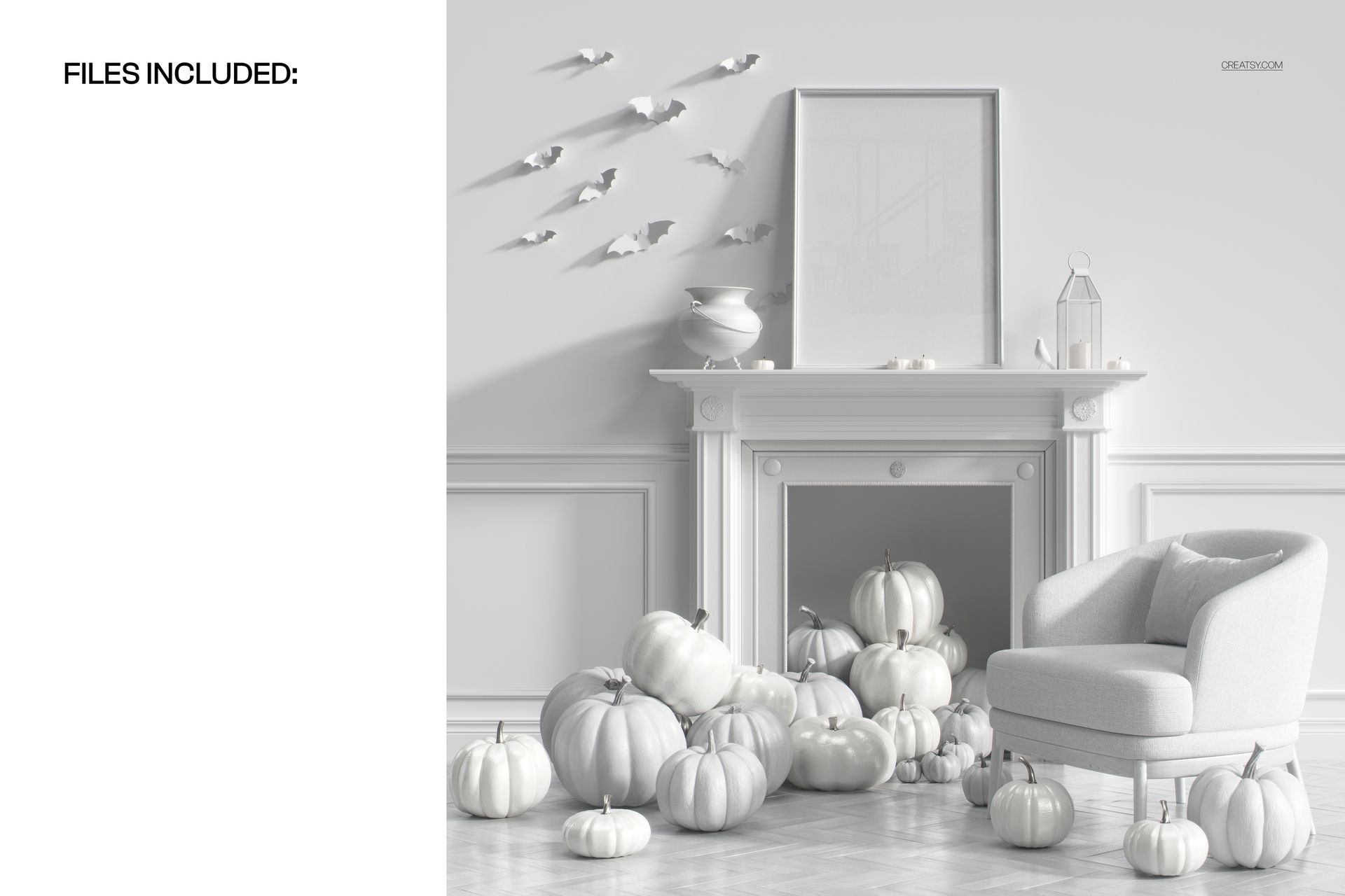 Front view of a Halloween themed interior mockup with white pumpkins, bats on the wall, and a fireplace.