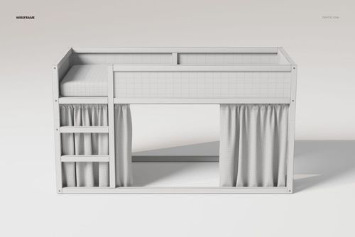 Front view of a reversible bunk bed 3D model in white, featuring a top sleeping area, side ladder, and curtains below.
