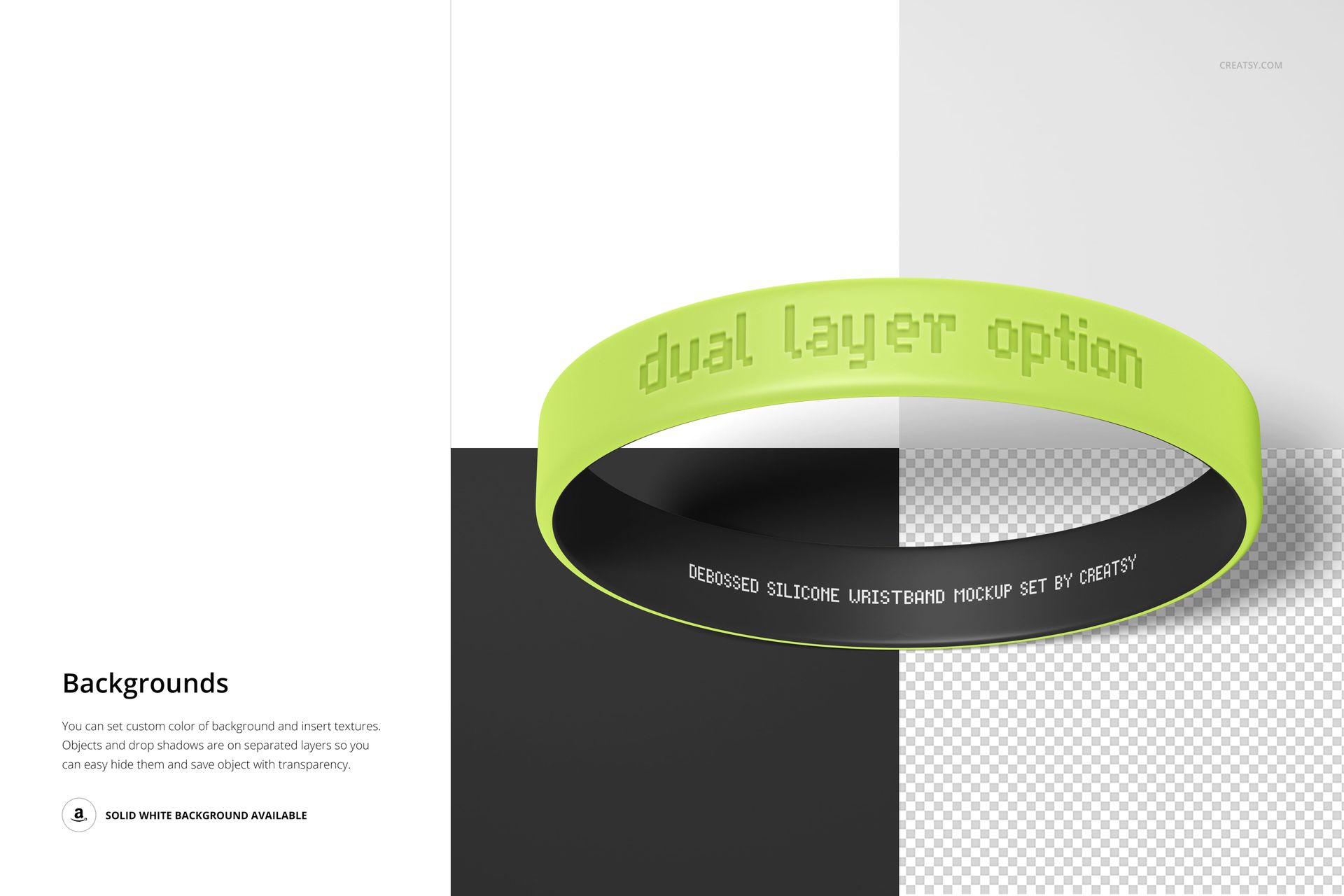 Green debossed silicone wristband displayed in a front view mockup, with text on both outer and inner surfaces.