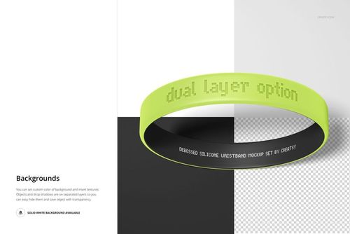 Green debossed silicone wristband displayed in a front view mockup, with text on both outer and inner surfaces.