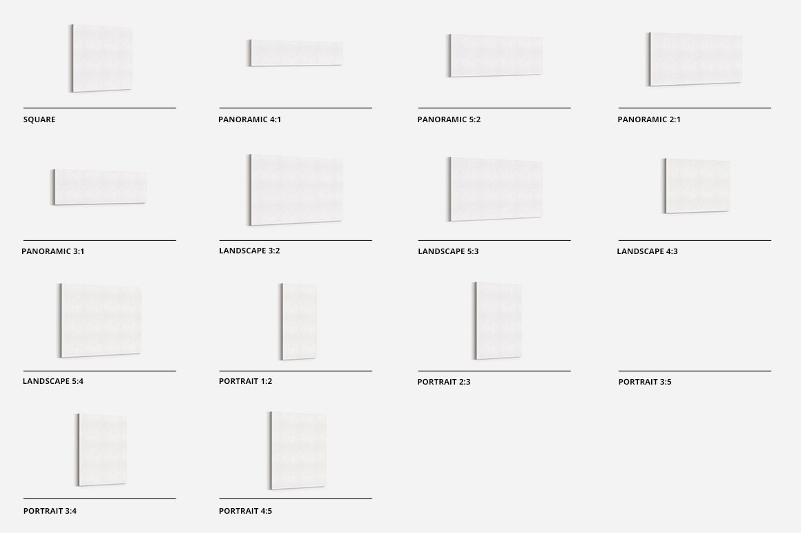 Assorted canvas print mockups with visible edges and varying dimensions, organized on a clean, light background.