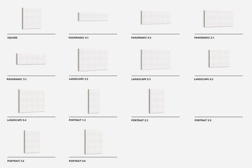 Assorted canvas print mockups with visible edges and varying dimensions, organized on a clean, light background.