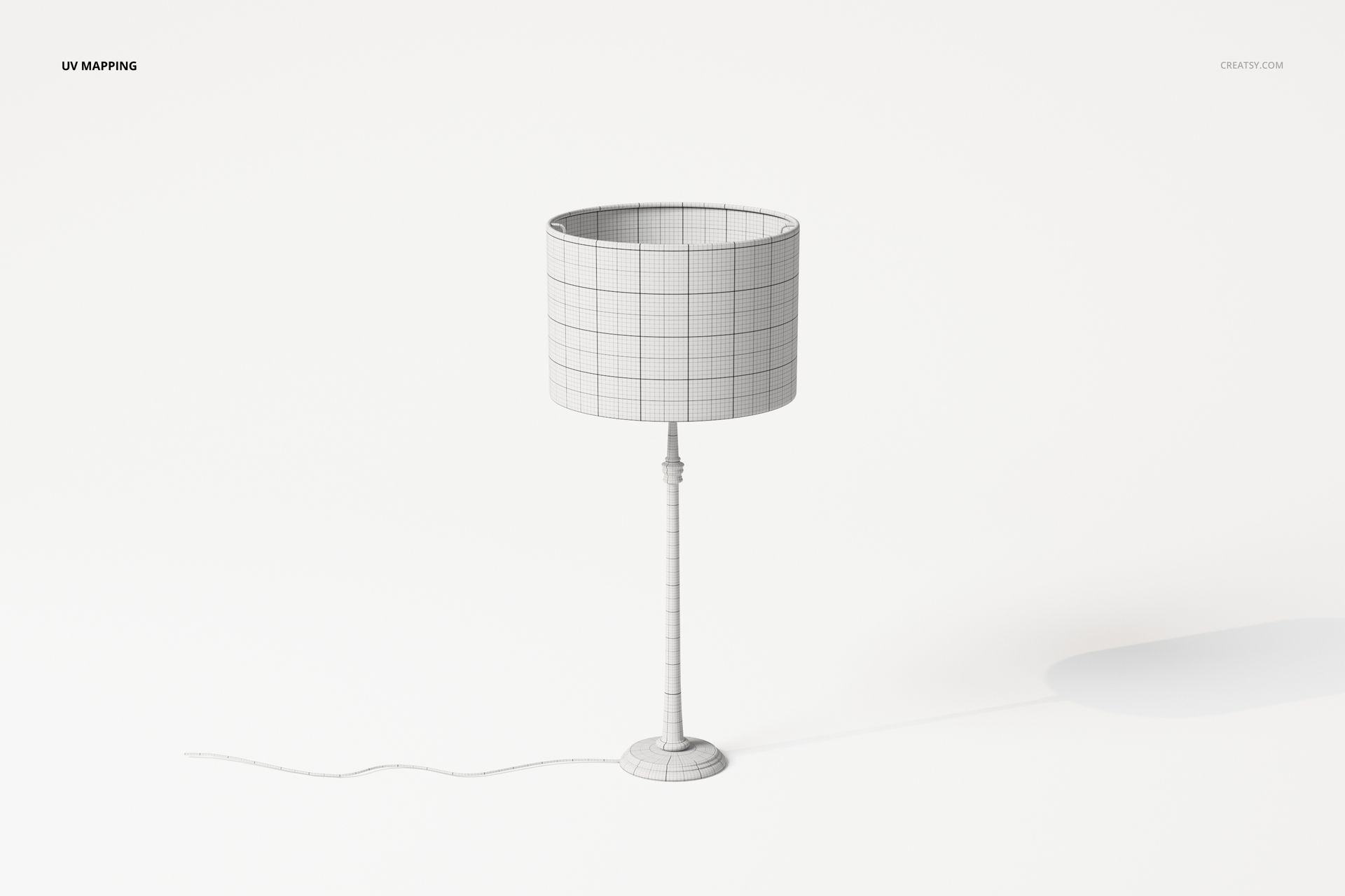 Front view of a modern table lamp 3D model with a cylindrical shade and grid wireframe on a white background.