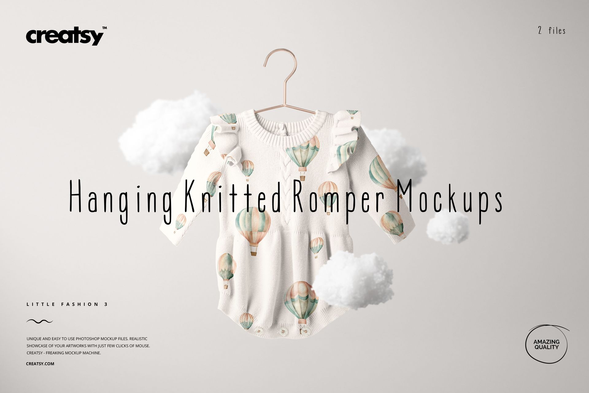 Knitted baby romper mockup suspended from a hanger, featuring pastel hot air balloons and surrounded by white clouds.