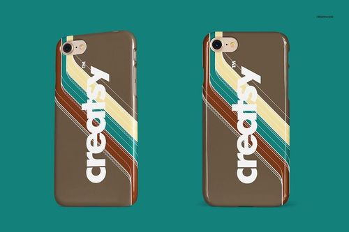 Mockup of iPhone 7 and 7 Plus cases with brown base, bold diagonal stripes, and large white text, shown side by side.
