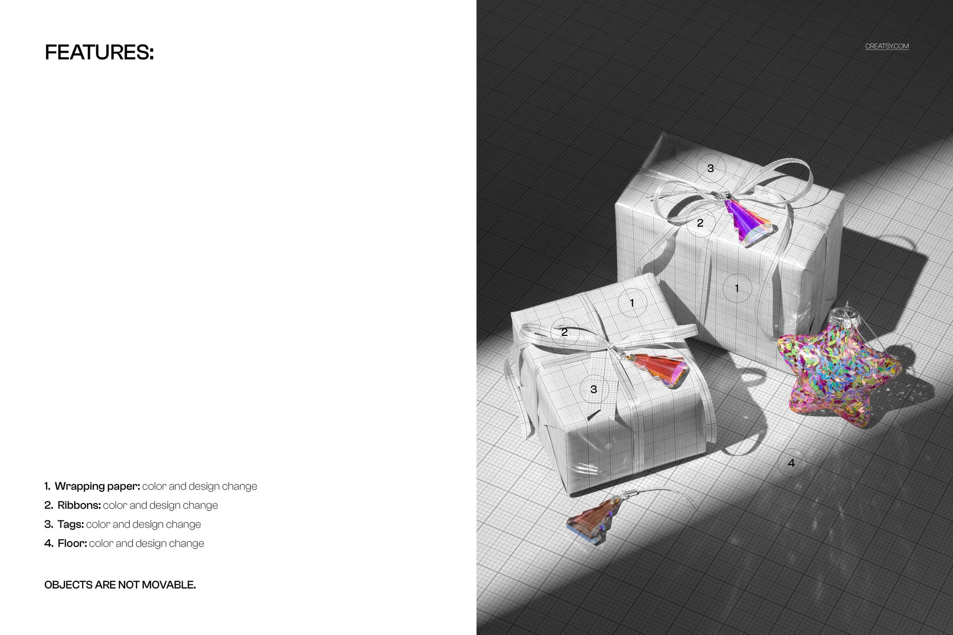 Christmas gift boxes mockup showing white packages with bright ribbons and ornaments, viewed from above.