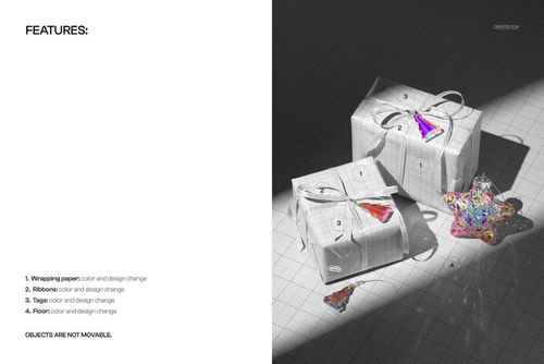 Christmas gift boxes mockup showing white packages with bright ribbons and ornaments, viewed from above.