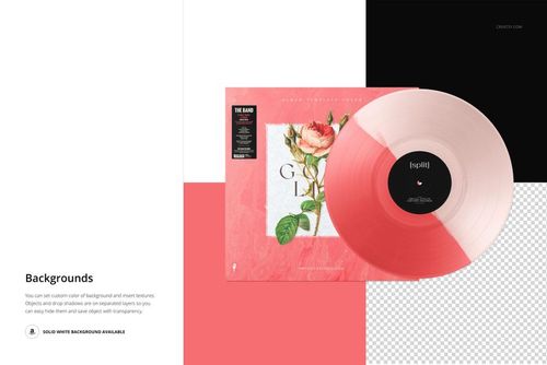 Vinyl record mockup with split pink and cream tones beside a cover featuring floral artwork, shown on layered backgrounds.
