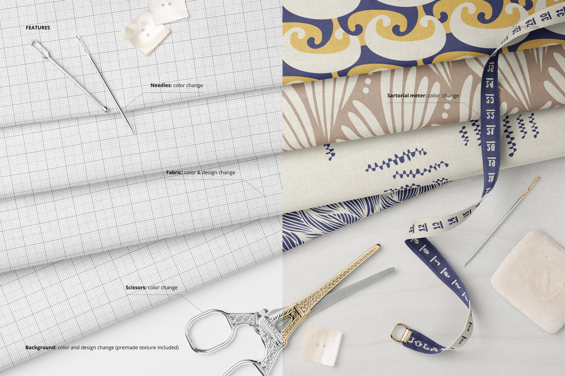 Cotton fabric mockup with various patterns, tailor tools like scissors, needle, and measuring tape on a flat surface.