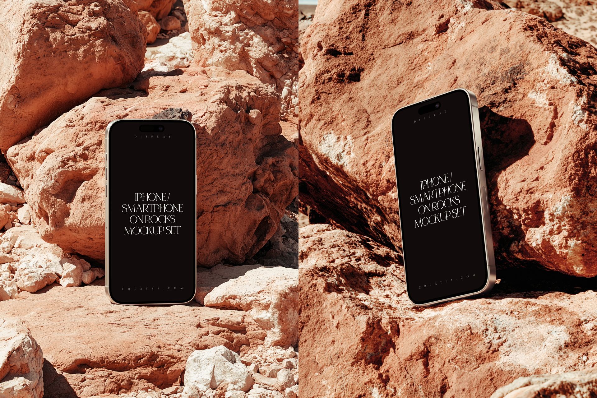 iPhone smartphone mockup displayed on rugged rocks, with dark screen and natural stone textures in sunlight.
