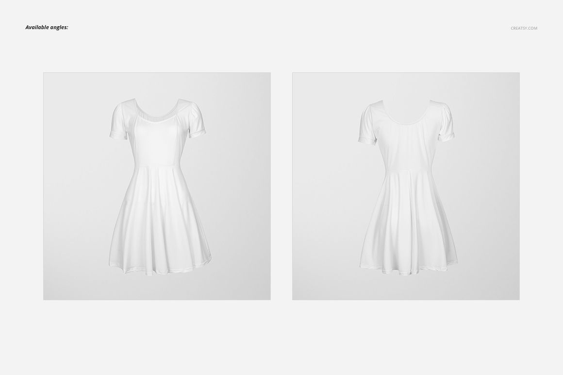 White wavy dress mockup shown from front and back angles on a solid light background, short sleeves and flared skirt.