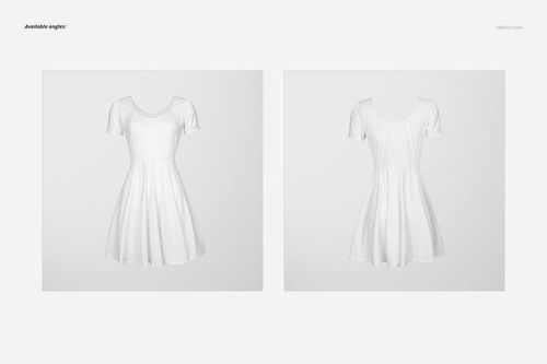 White wavy dress mockup shown from front and back angles on a solid light background, short sleeves and flared skirt.