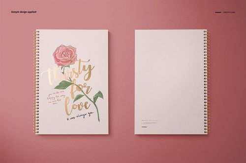 A4 notebook mockup with square holes, showing front and back covers on a pink surface, spiral binding visible.