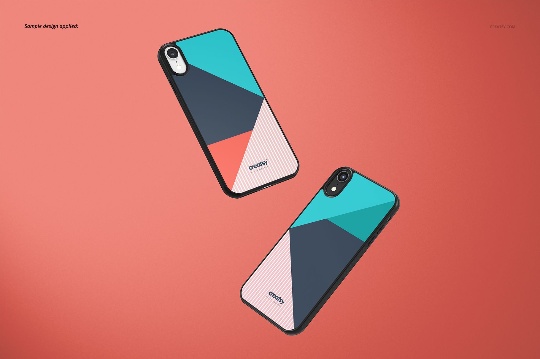 iPhone XR 2D case mockup set showing two black cases with abstract geometric designs on a solid coral surface.