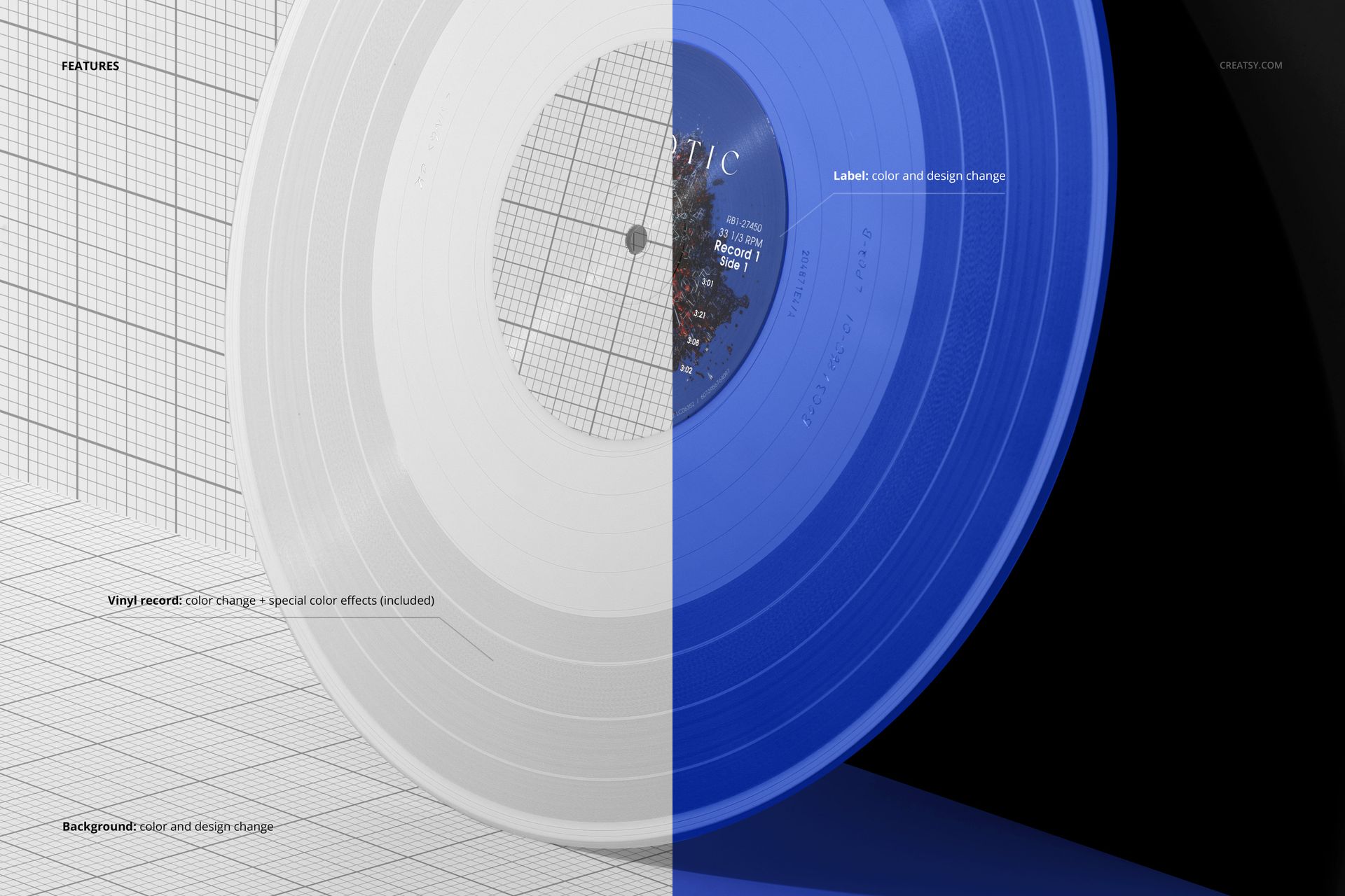Vinyl record mockup in PSD format, half white and half blue, positioned upright with a geometric grid background.