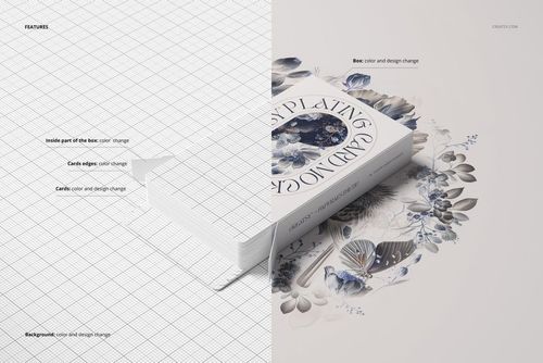 Playing cards box mockup shown in a split view, with one side displaying a grid and the other featuring a floral design.