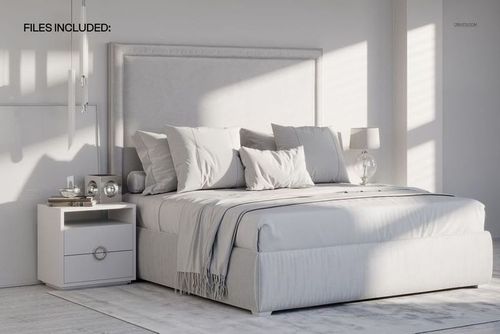 Modern bedroom with large upholstered bed, gray bedding, and wall art mockup in a bright hotel-style interior.