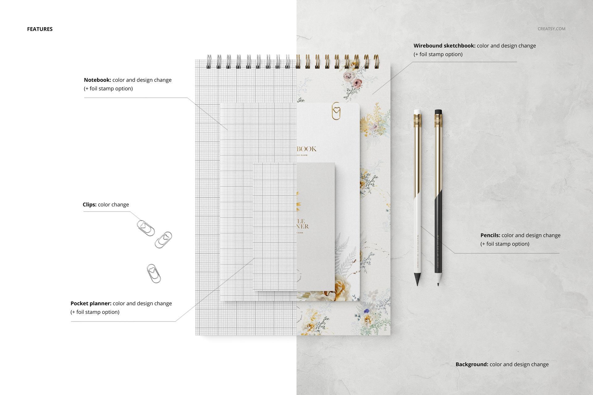 Stationery set mockup featuring a wirebound notebook, pocket planner, pencils, and clips on a white background.