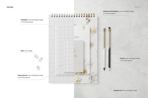 Stationery set mockup featuring a wirebound notebook, pocket planner, pencils, and clips on a white background.