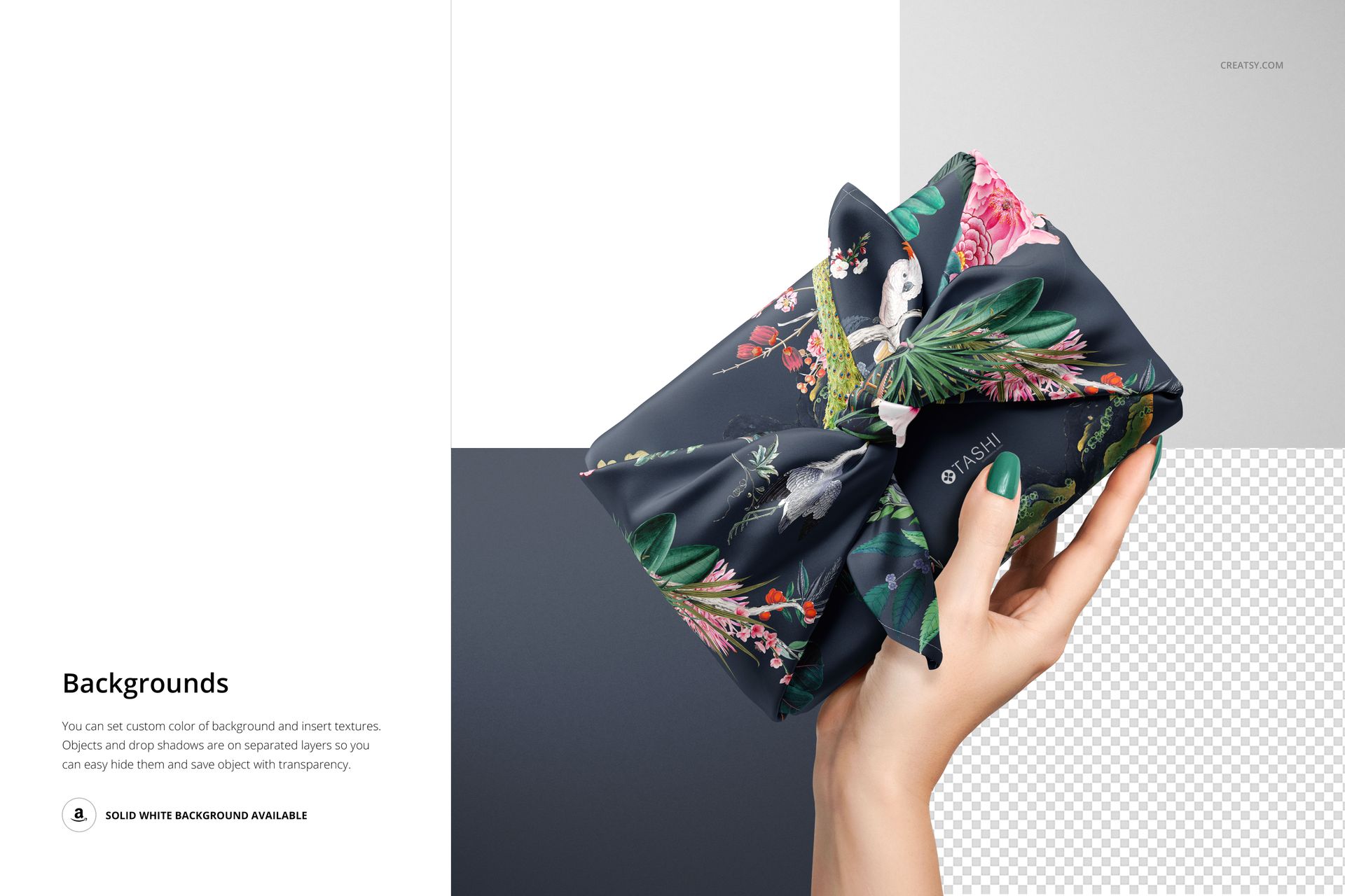Furoshiki fabric wrap mockup featuring a dark floral design, displayed in a hand against a split background.