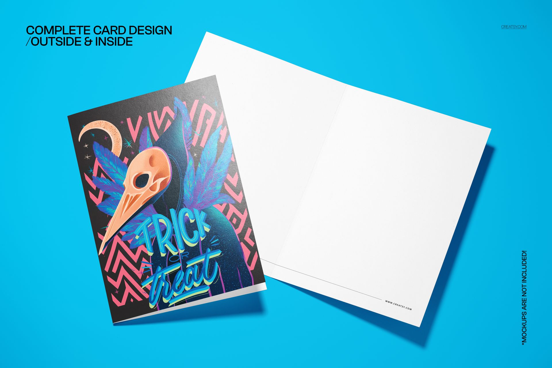 Halloween 5x7 card mockup featuring a vibrant raven illustration and eclipse, with zigzag patterns and neon colors.