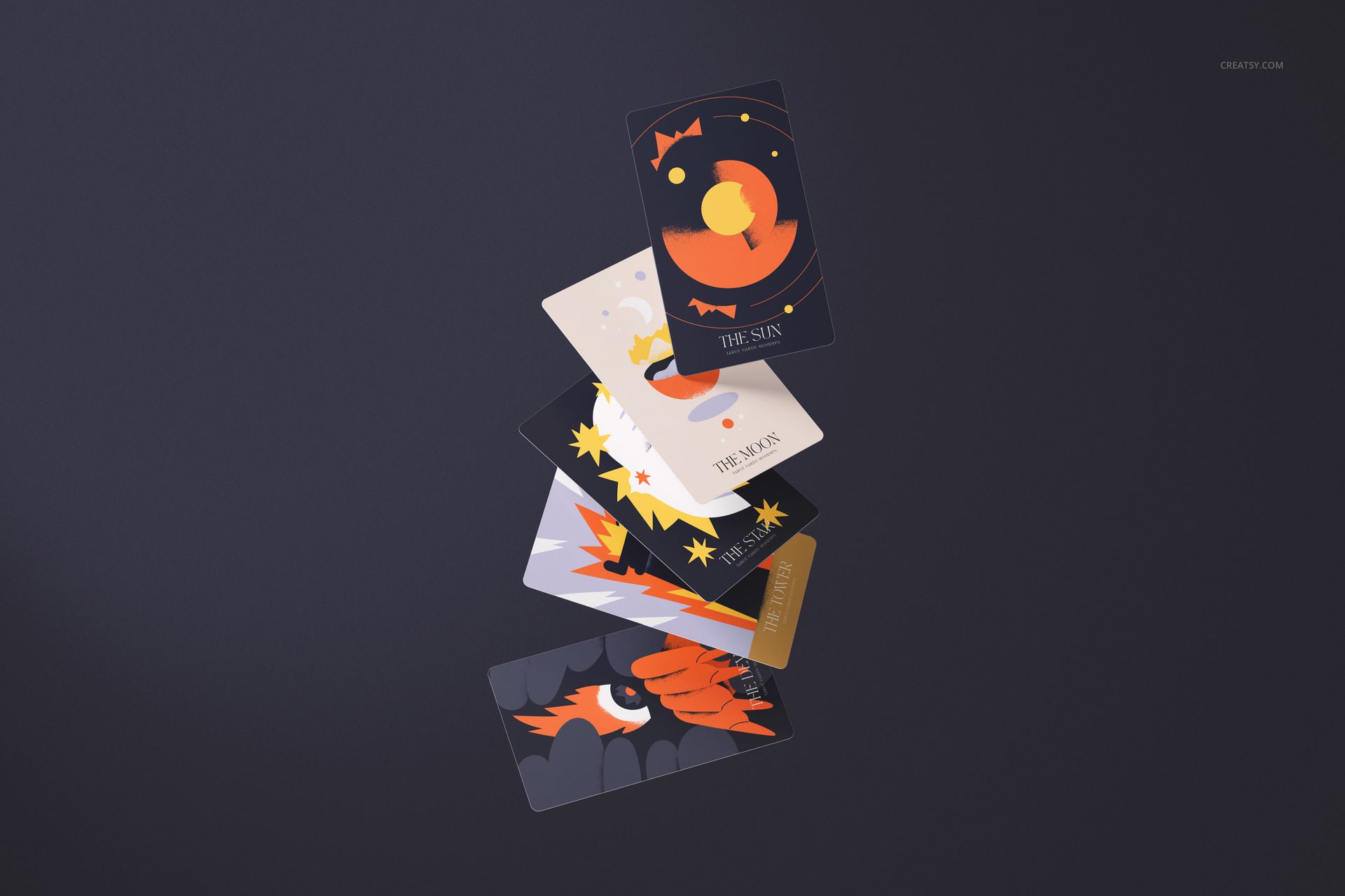 Top view of several tarot cards featuring vibrant patterns and mystical motifs, shown as a PSD mockup.