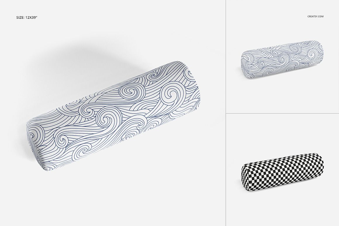 Bolster pillow mockup set showing three pillows in different patterns and sizes on a white background, front view.