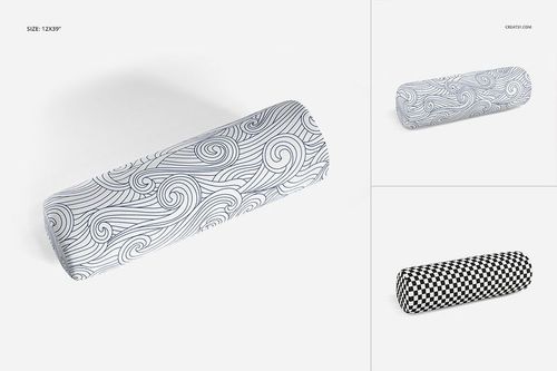 Bolster pillow mockup set showing three pillows in different patterns and sizes on a white background, front view.