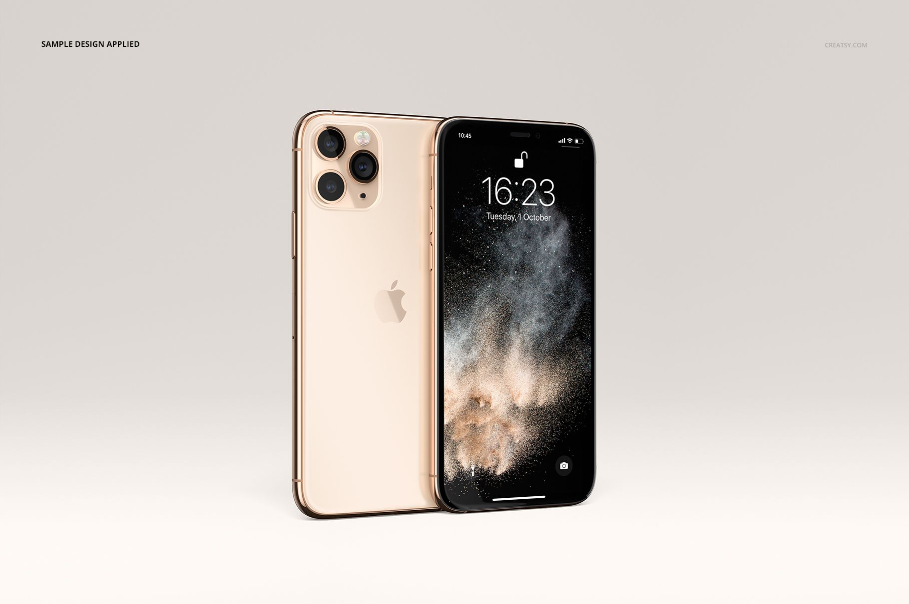 iPhone 11 Pro mockup with one device facing forward showing a starry screen, and another showing the back, on plain surface.